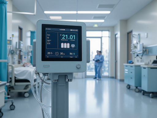Medical facility with medical monitoring system, patient data dashboard and connected medical devices, showing digital healthcare technology